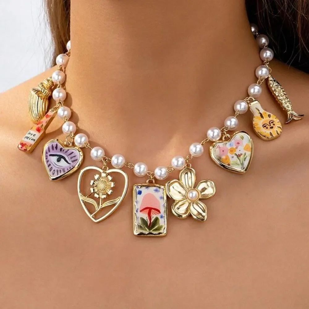 Gold and Pearl Charm Necklace S889